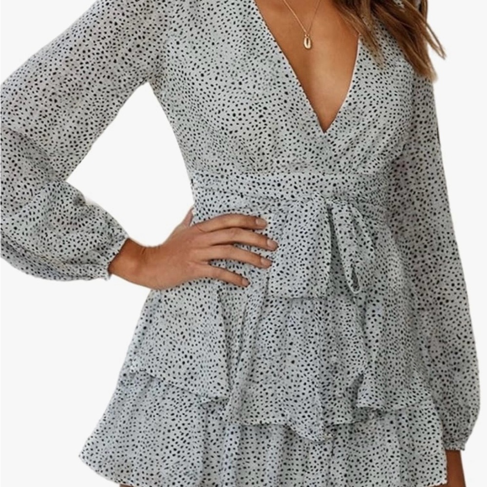 Women’s Polka Dot V-Neck Long Sleeve Tiered Mini Romper - White/Black